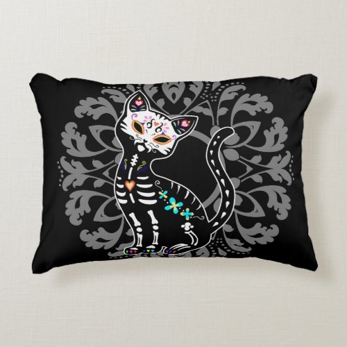Girly Day of the Dead cute cat custom monogram Decorative Pillow