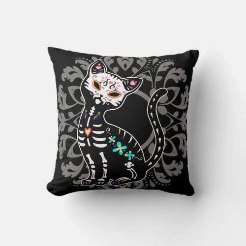 Girly Day of the Dead cute cat custom personalized Throw Pillow