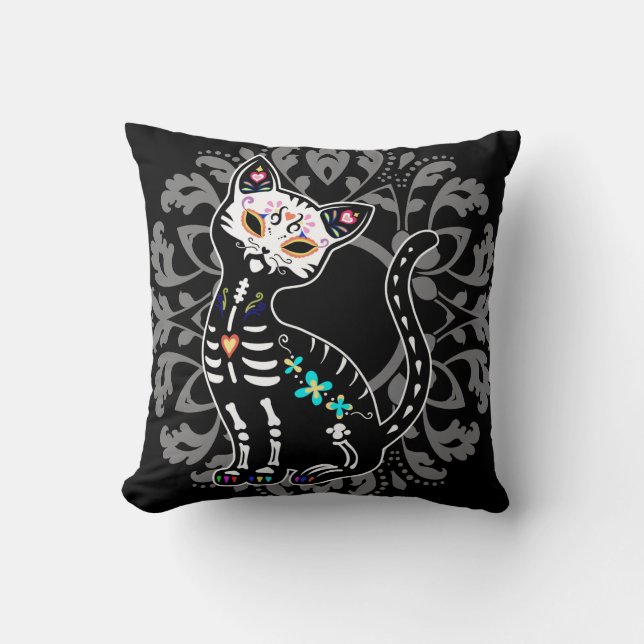 Girly Day of the Dead cute cat custom personalized Throw Pillow (Front)