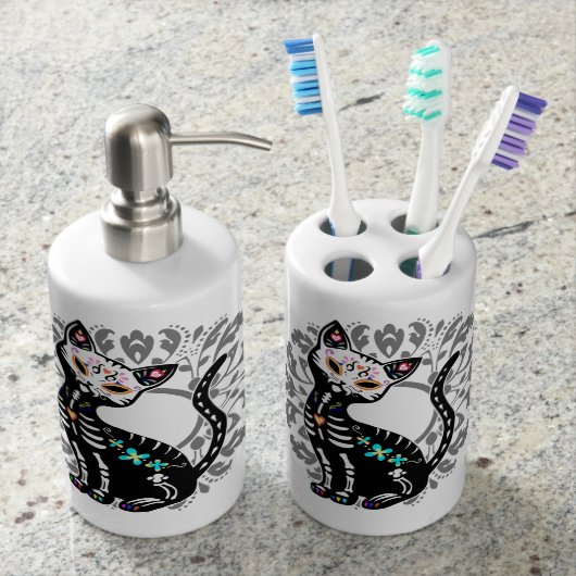 Girly Day of the Dead cute cat custom white Soap Dispenser & Toothbrush Holder (Front)