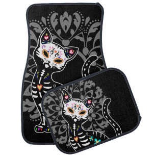 Girly Day of the Dead cute skeleton cat custom Car Floor Mat