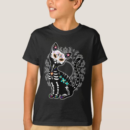 Girly Day of the Dead cute skeleton cat custom T_Shirt