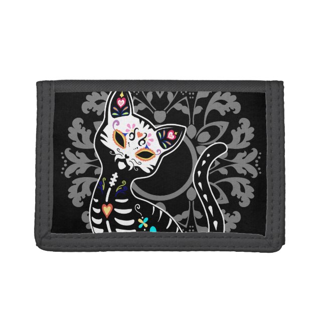 Girly Day of the Dead cute skeleton cat custom Tri-fold Wallet (Front)