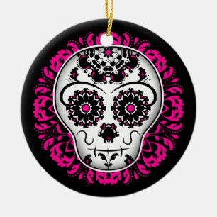 Girly day of the dead sugar skull ceramic ornament