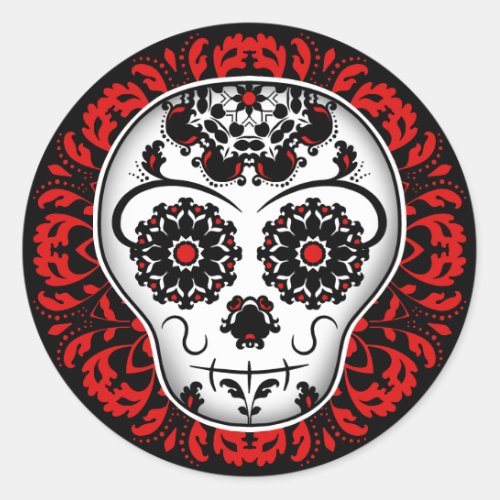 Girly day of the dead sugar skull red and black classic round sticker