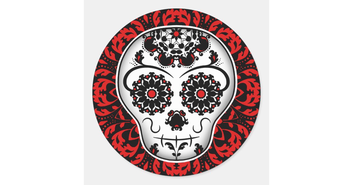 Girly Day Of The Dead Sugar Skull Red And Black Classic Round Sticker Zazzle Com