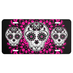 Girly day of the dead sugar skulls black and pink license plate