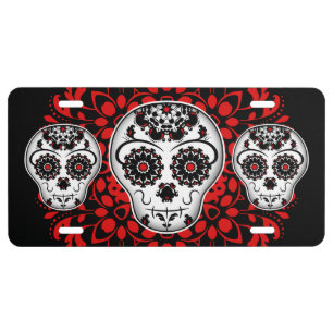 Girly day of the dead sugar skulls black and red license plate