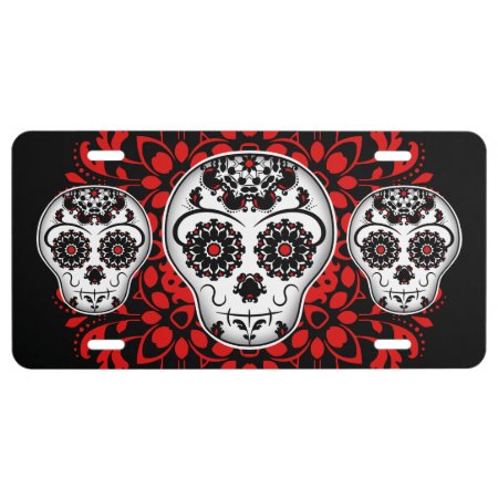 Girly Day Of The Dead Sugar Skulls Black And Red License Plate