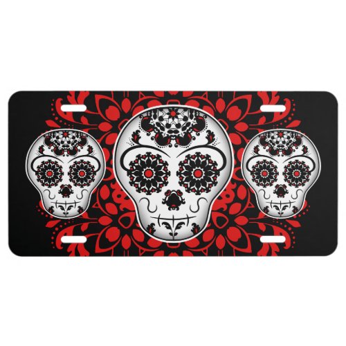 Girly day of the dead sugar skulls black and red license plate