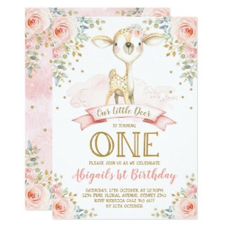 Girly Deer 1st Birthday Blush Gold Floral Woodland Invitation
