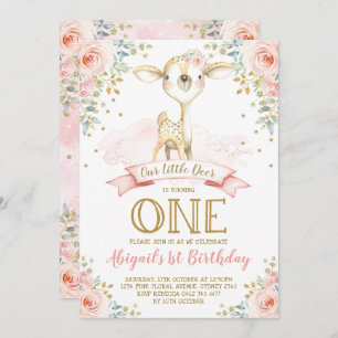 Girly Deer 1st Birthday Blush Gold Floral Woodland Invitation