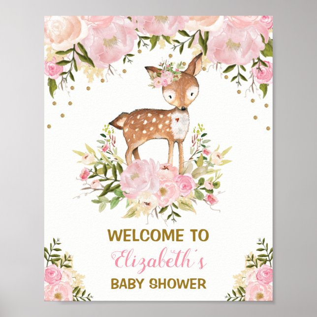 Girly Deer Baby Shower Pink Floral Welcome Sign (Front)