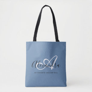 Girly Denim Blue Script Monogram Teacher Tote Bag