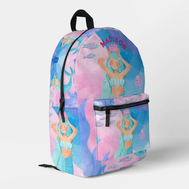 Girly design featuring cute mermaid pink and blue printed backpack (Back Corner Left)