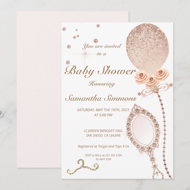 Girly Diamond Rose Gold Glitter Balloon Baby Showe Invitation (Front/Back)