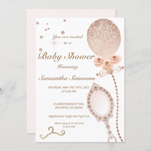 Girly Diamond Rose Gold Glitter Balloon Baby Showe Invitation