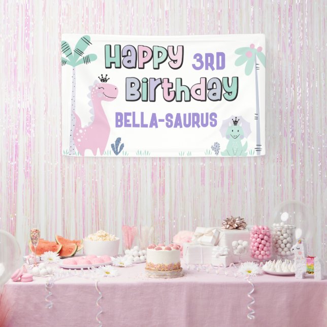 Girly Dinosaur A-Roar-able Any Age Happy Birthday Banner (Party)