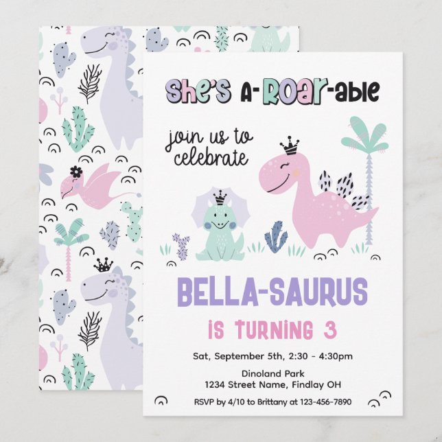 Girly Dinosaur A-Roar-able Birthday Party Any Age Invitation (Front/Back)