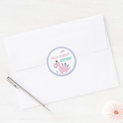 Girly Dinosaur A_Roar_able Birthday Party Classic Round Sticker