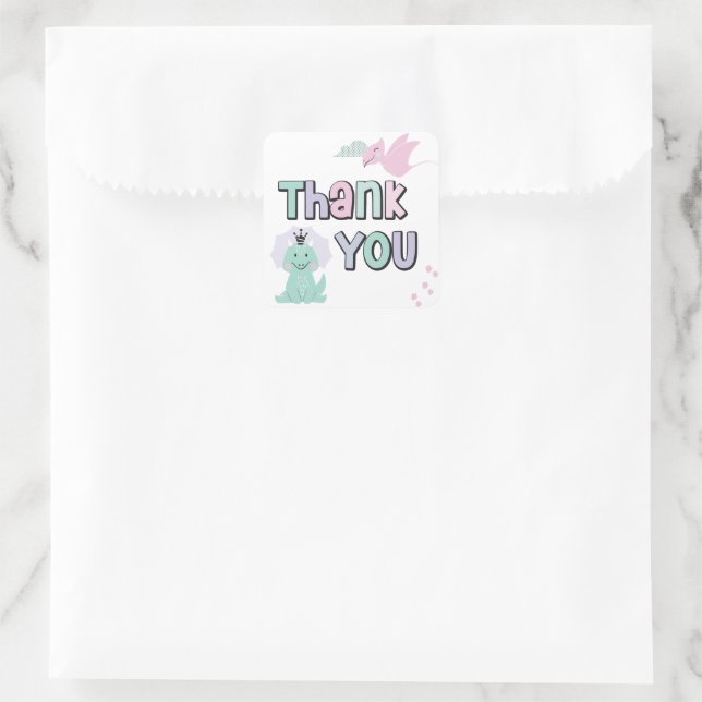Girly Dinosaur A-Roar-able Birthday Thank You  Square Sticker (Bag)