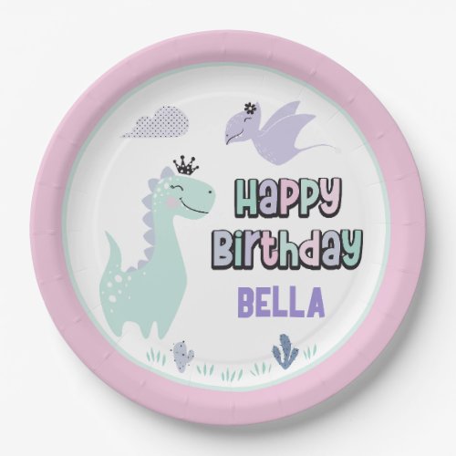 Girly Dinosaur A_Roar_able Happy Birthday Paper Plates