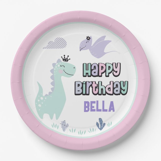 Girly Dinosaur A-Roar-able Happy Birthday Paper Plates (Front)