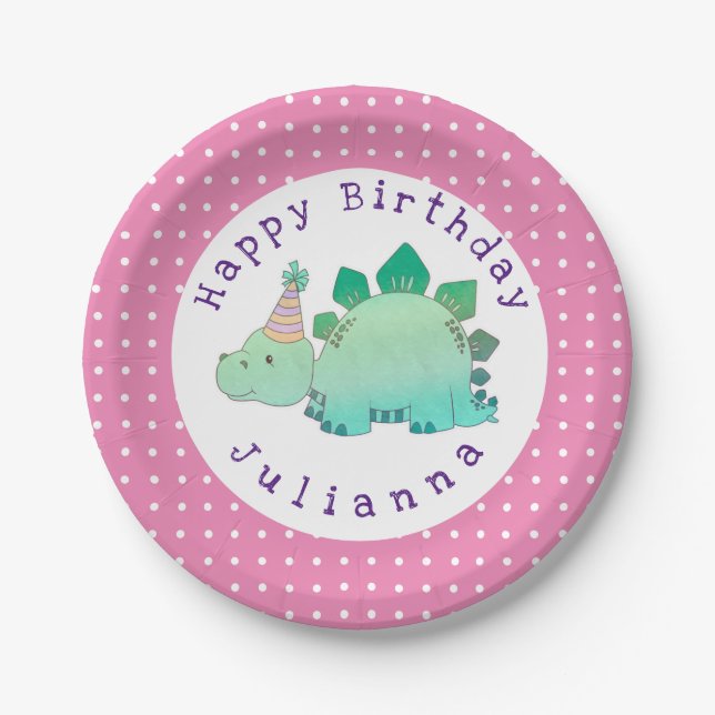 Girly Dinosaur | Kids Birthday Party Paper Plates (Front)