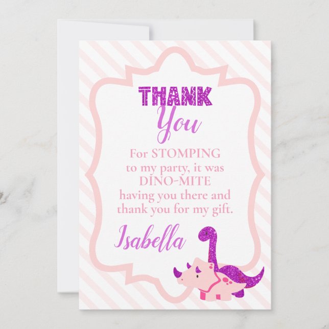 Girly Dinosaur Pink Birthday  Thank You Card (Front)