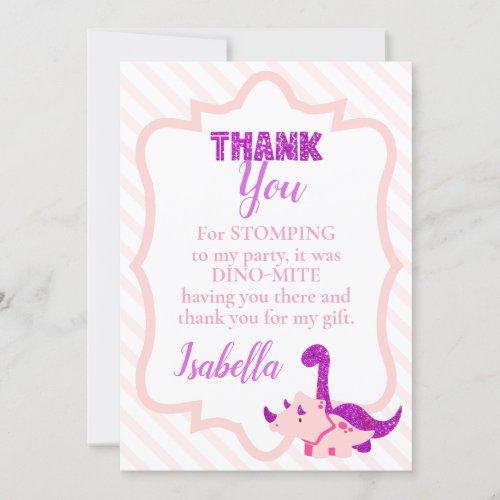 Girly Dinosaur Pink Birthday  Thank You Card