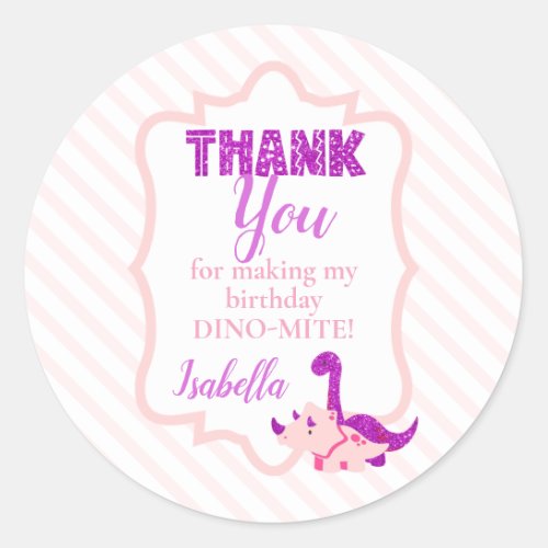 Girly Dinosaur Pink Thank You  Classic Round Sticker
