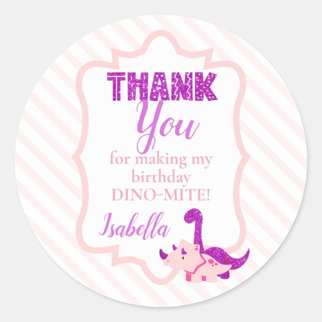 Girly Dinosaur Pink Thank You  Classic Round Sticker (Front)