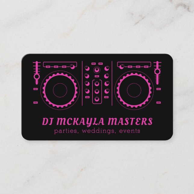 Girly DJ Disk Jockey Neon Pink & Black Turntable Business Card (Front)