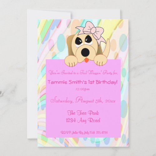 Girly Dog with Bow 1st Birthday Sign Invitation