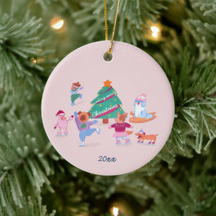 Girly Dogs Ice Skating Blush Pink Christmas Photo Ceramic Ornament