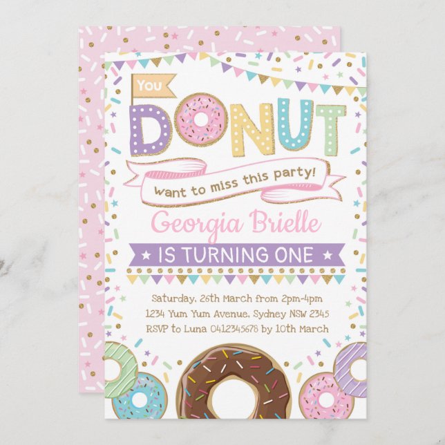 Girly Donut Invitation Donut Birthday Sprinkles (Front/Back)