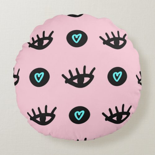 Girly Doodle Eyes Hearts Seamless Round Pillow