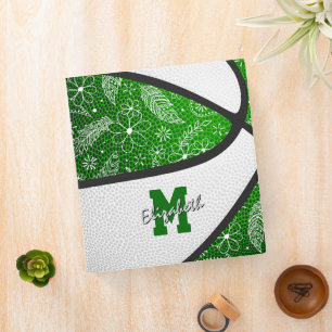 Girly doodle pattern green white basketball 3 ring binder