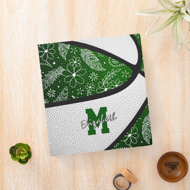Girly doodle pattern green white basketball 3 ring binder (In Situ)