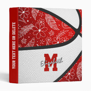 Girly doodle pattern red white basketball 3 ring binder