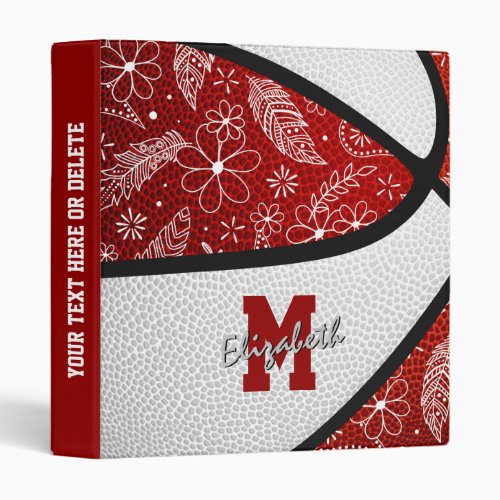 Girly doodle pattern red white basketball 3 ring binder