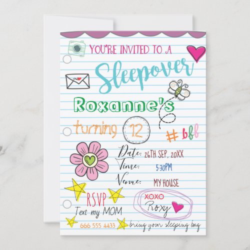 Girly Doodle SleepoverBirthday Invitation