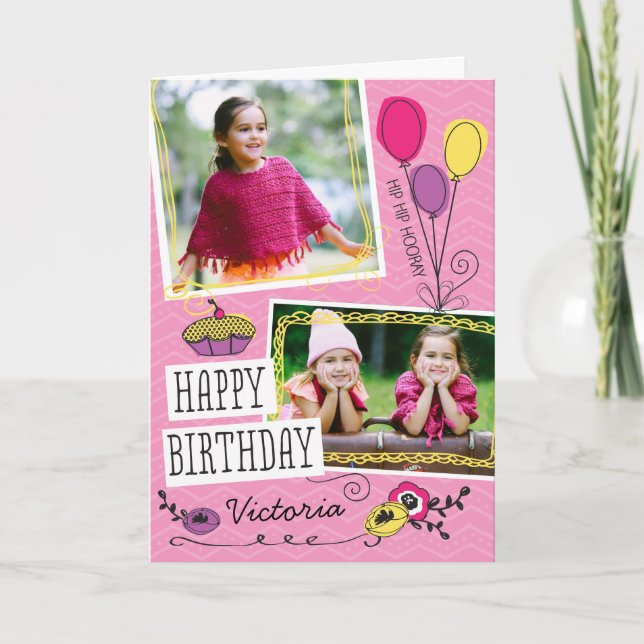 Girly Doodles Custom Photo Birthday Card (Front)