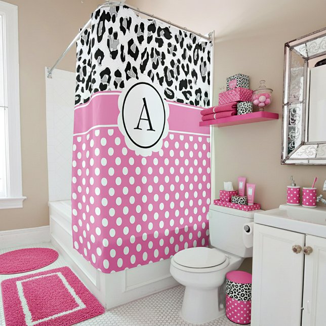 Girly dots and animals print monogram shower curtain (Creator Uploaded)