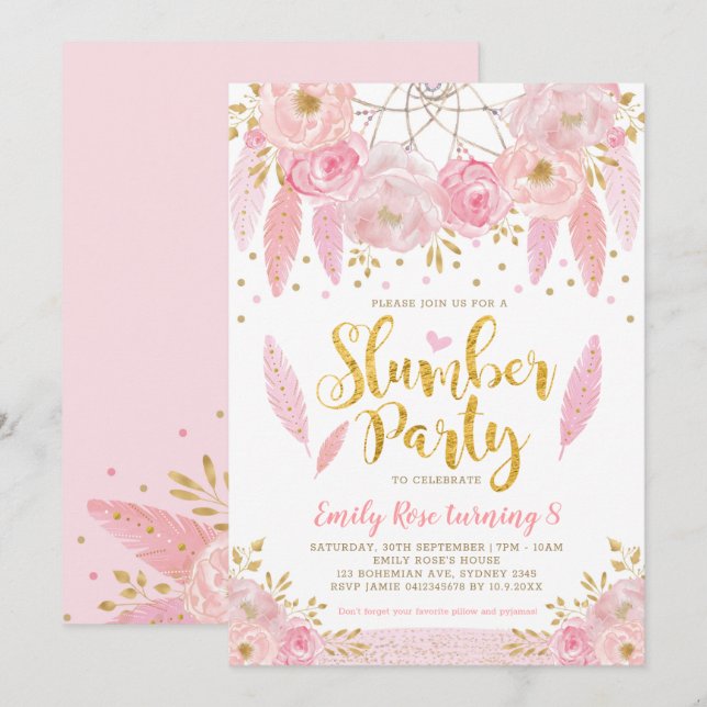 Girly Dreamcatcher Pink Gold Floral Slumber Party Invitation (Front/Back)
