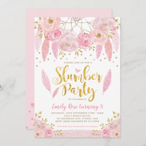 Girly Dreamcatcher Pink Gold Floral Slumber Party Invitation