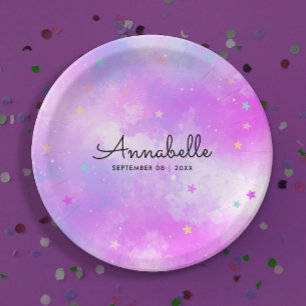 Girly Dreamy Pink Holographic Sky Stars Watercolor Paper Plates