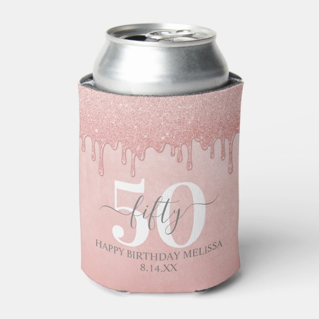 Girly Dripping Glitter Sparkle 50TH Birthday Can Cooler (Can Front)