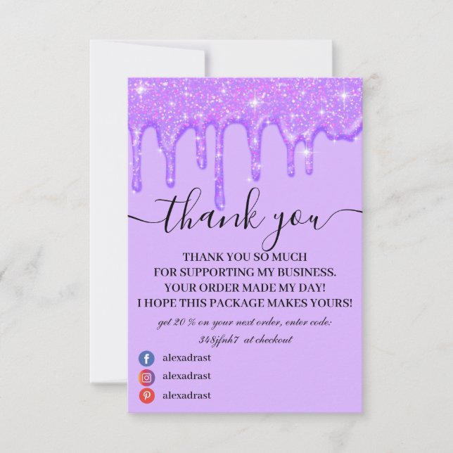 Girly Dripping Purple Glitter Thank You Card (Front)