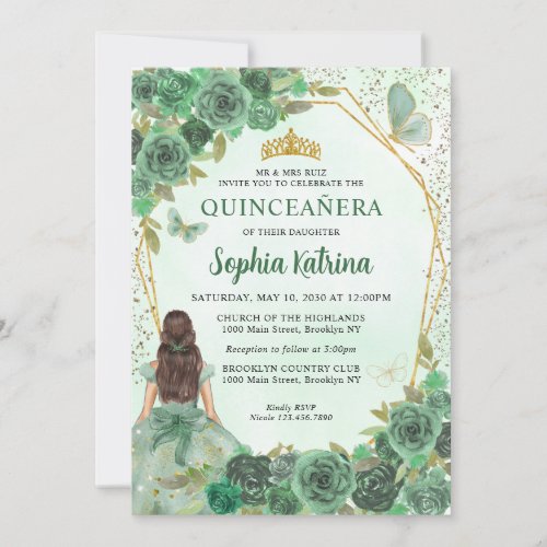 Girly Dusty Green Gold Floral Princess Quinceaera Invitation